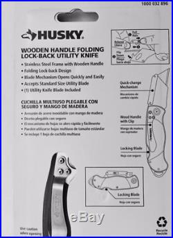 HUSKY Utility Knife Folding Lock Back Box Cutter Clip Quick Change Wood Handle
